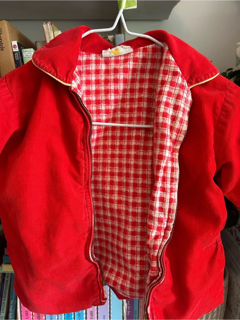 Red Kids Jean-Style Jacket with Checked Lining